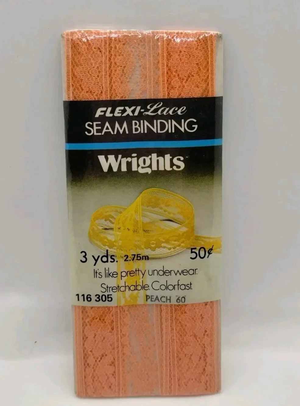 Wrights Seam Binding Flexi-Lace 3 Yds 116 305 - Peach 60 - Sewing Vintage 1978